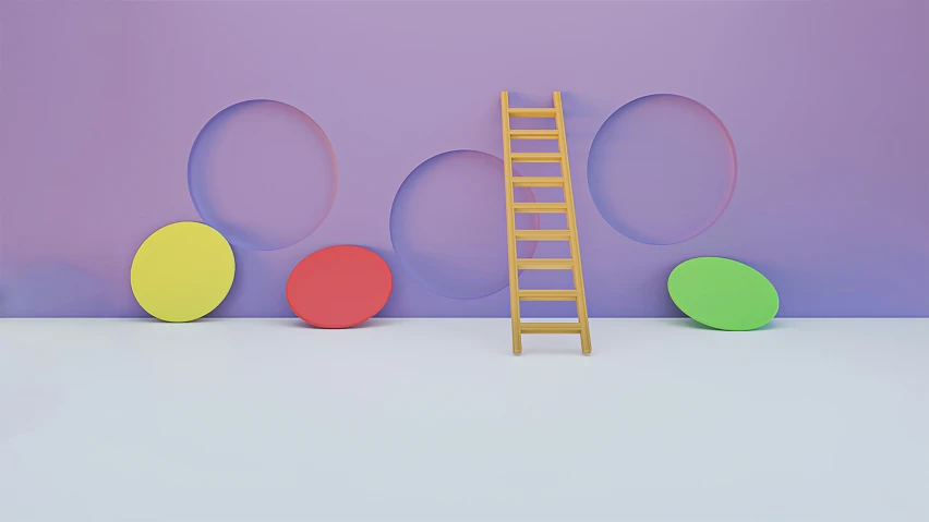 a ladder and colorful balls on a white floor