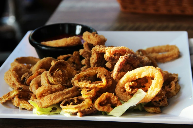a plate with onion rings on a table
