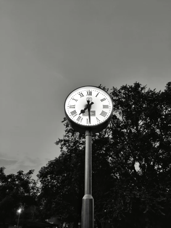 a clock is attached to a pole in the grass
