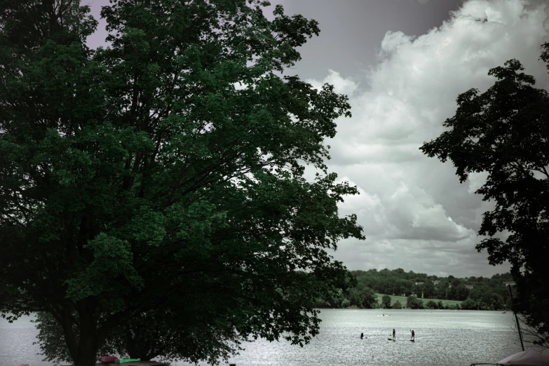 a group of people in a lake surrounded by trees