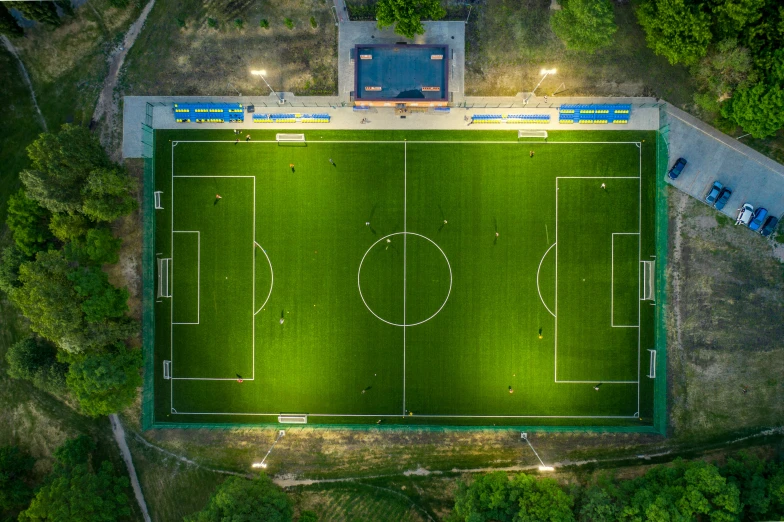 overhead view of football pitch with green soccer field