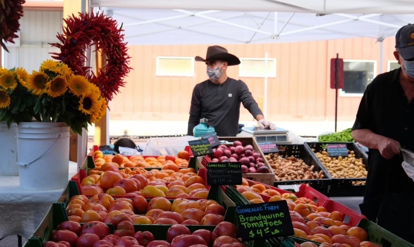 two people standing at an outdoor farmer's market area