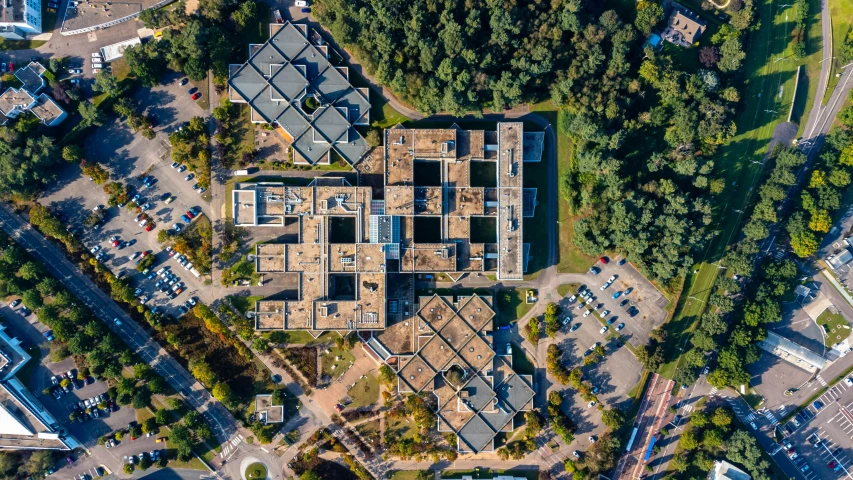 an aerial view of a large house with many floors