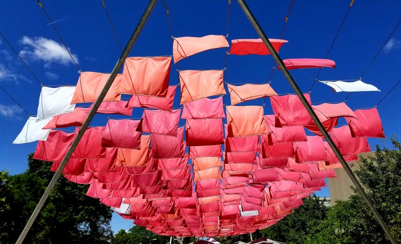 a couple of pink sails attached to wires