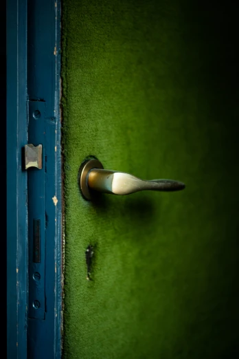 the door handle of an iron door on a green field