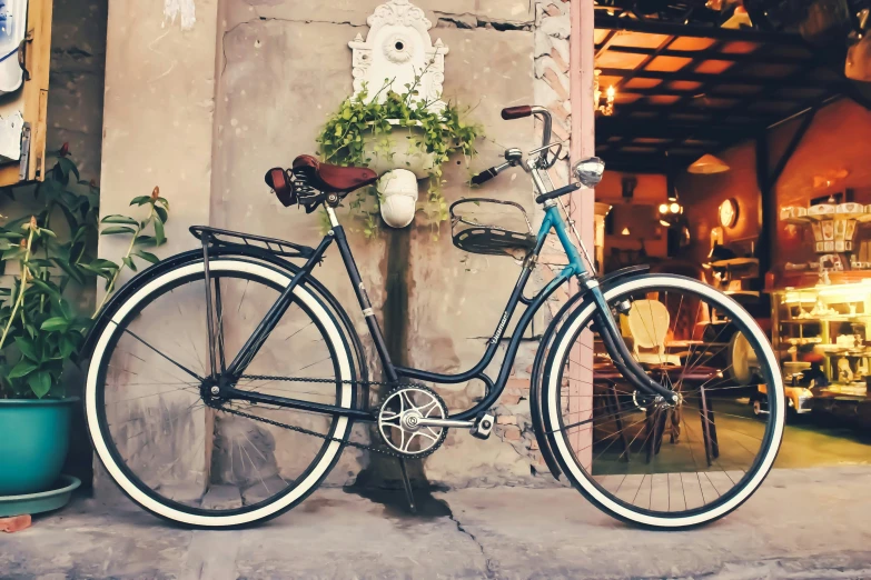 a bike parked on the side of the street