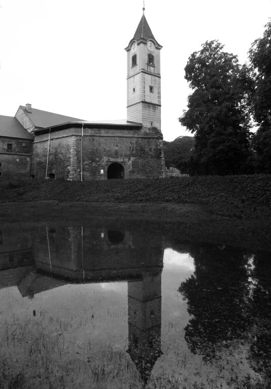 black and white pograph of a building reflecting in the water