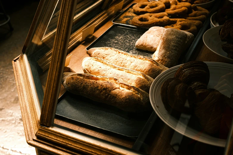 baked goods in the baking oven and on display