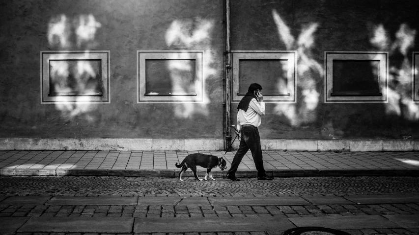 a woman walks her dog on the sidewalk