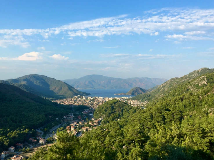 a scenic view of trees and hills in the distance