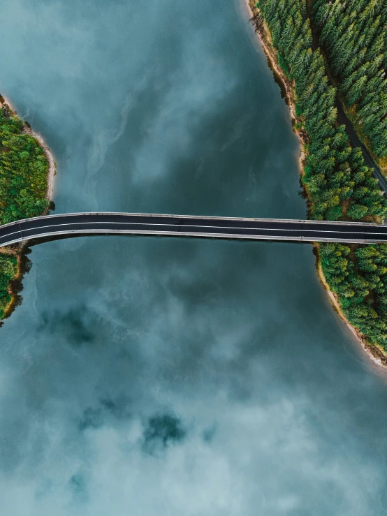 aerial view of a bridge over a river next to many trees