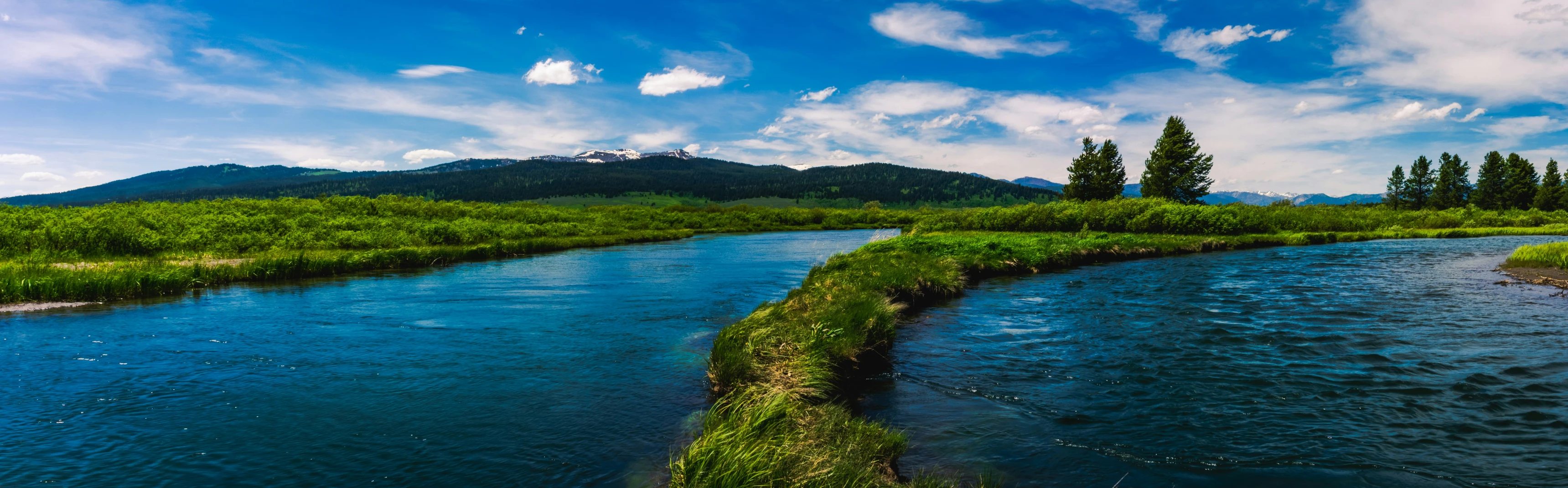 a river running through a lush green countryside