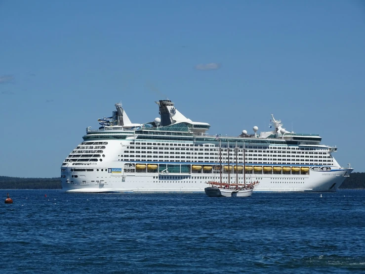 large cruise ship in open water with clear blue sky