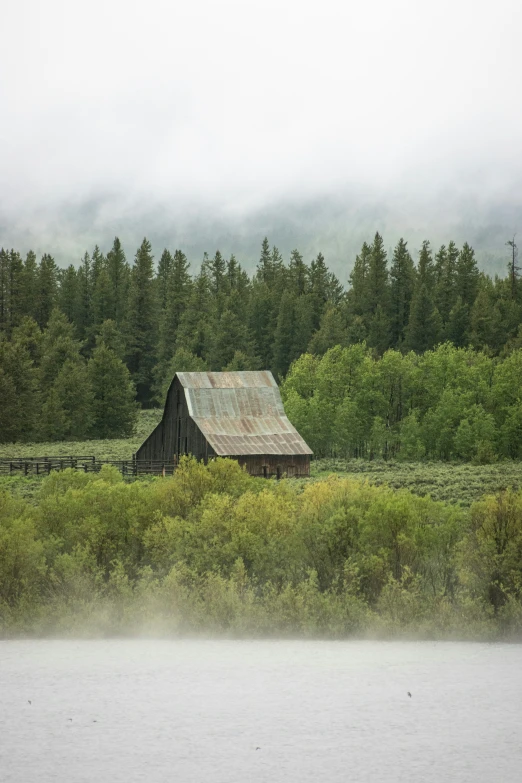 a barn that is sitting by the water