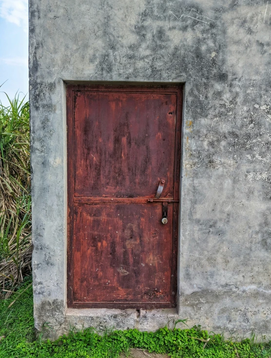 an old rusted door and a green grassy lawn