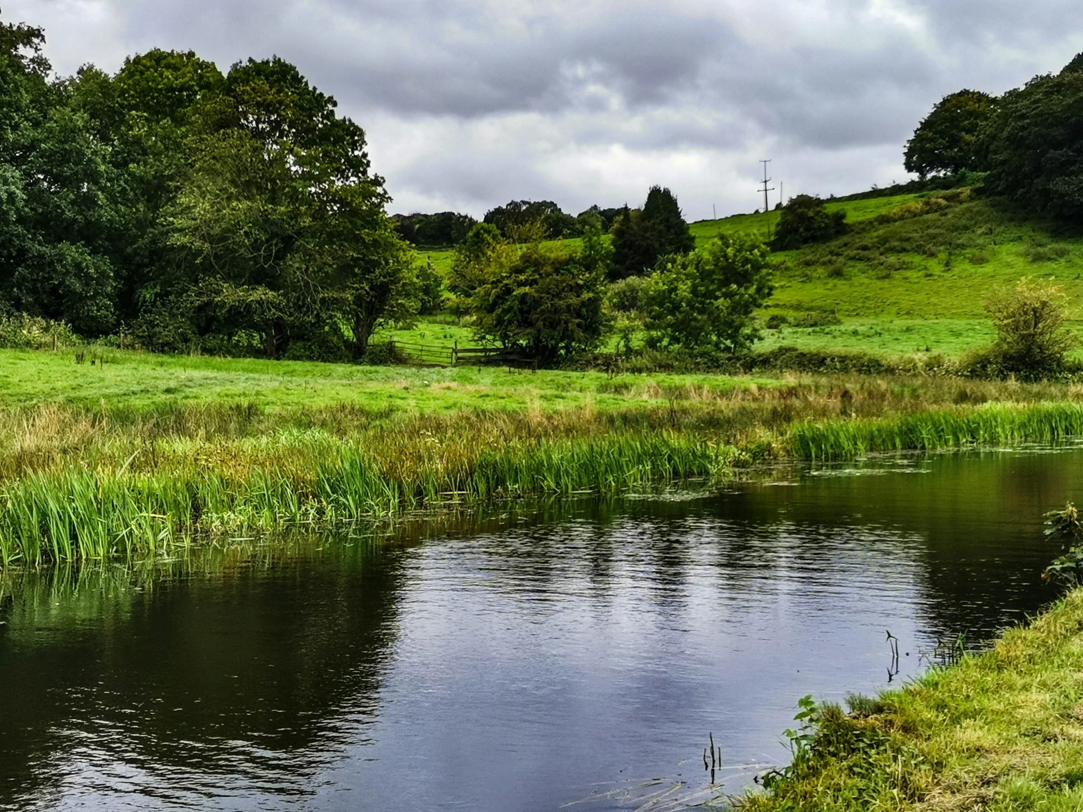 a river running next to grass covered field