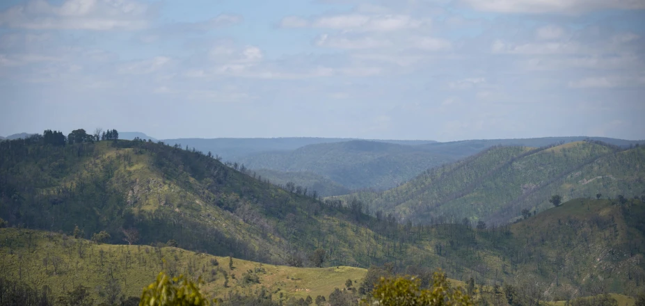 a picture looking down at hills and trees from the mountains