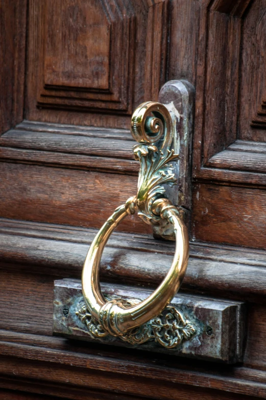 close up of ornate door knockner on wooden door