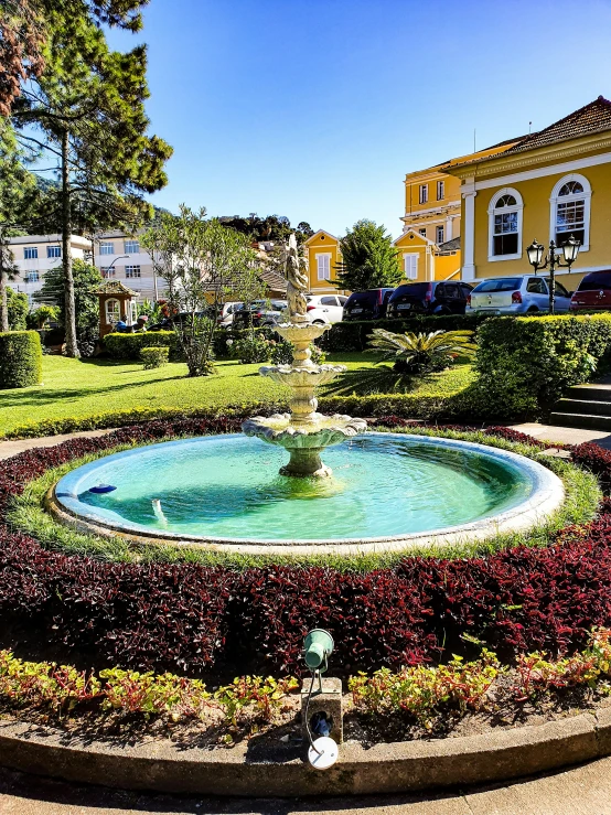 an outdoor water fountain with a lot of plants around it