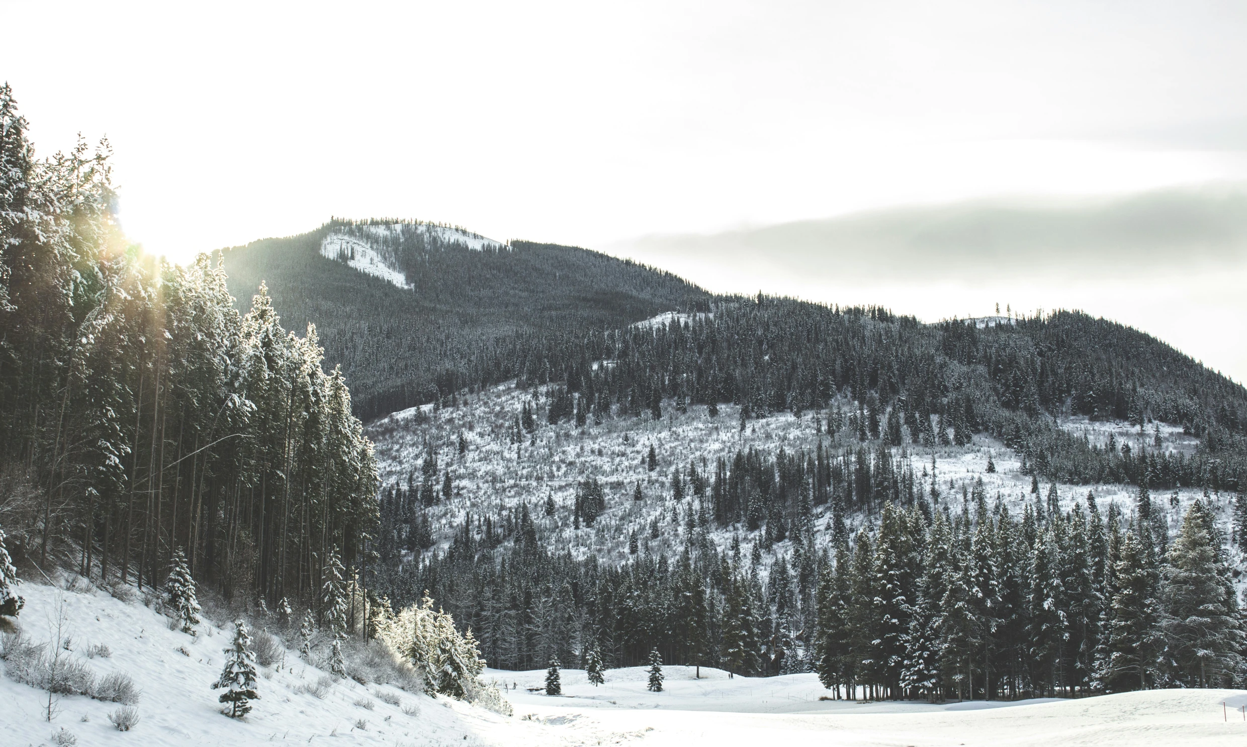 a mountain scene is shown as a person stands in the snow