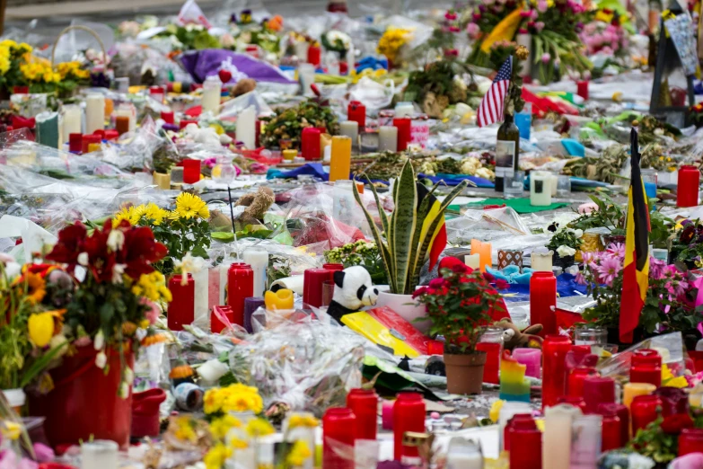 flowers and candles are placed outside in front of flowers