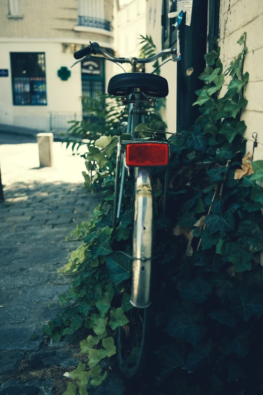 a close up of a bike parked on a brick road