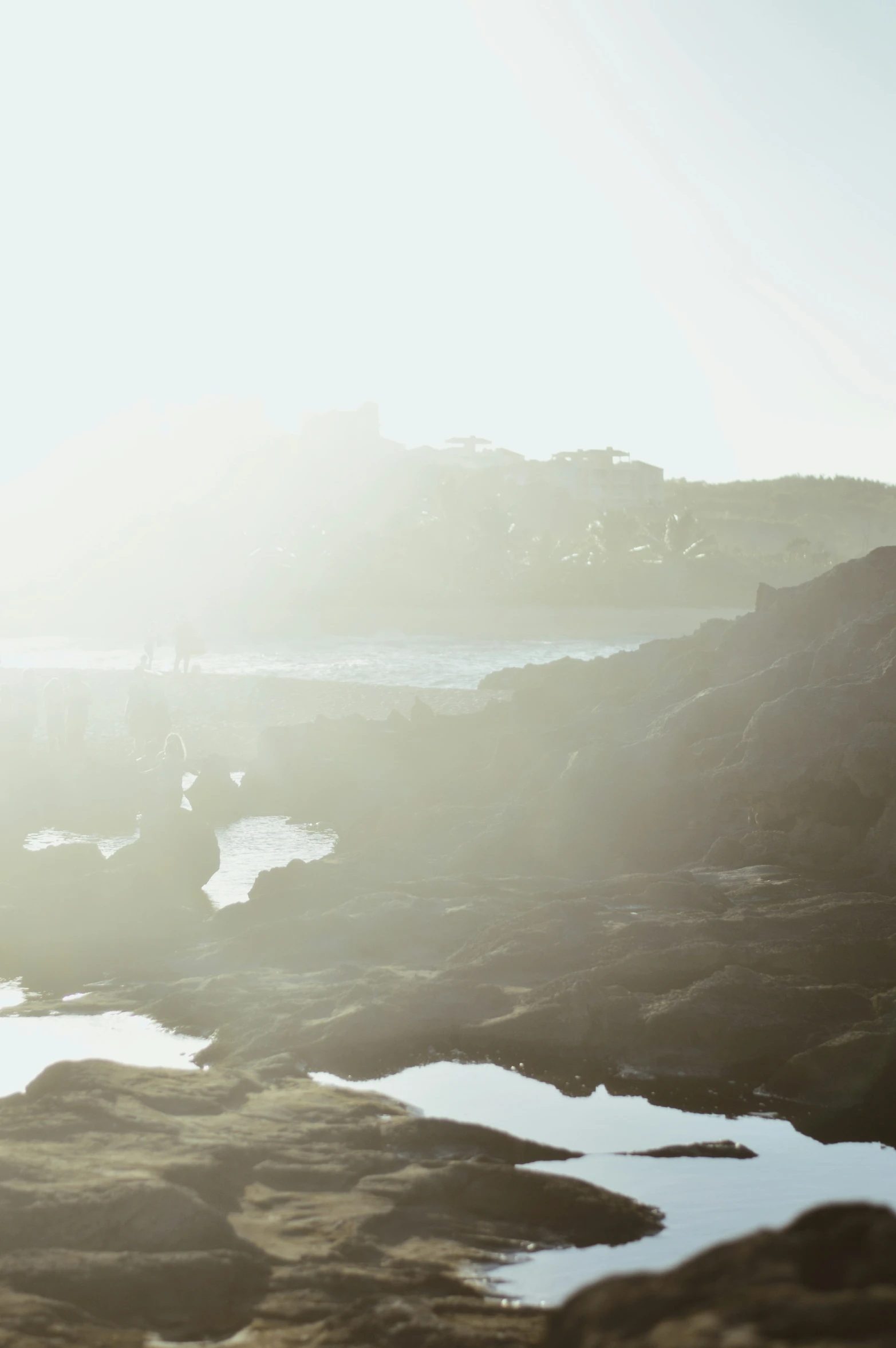 some people walking on some rocks on the beach