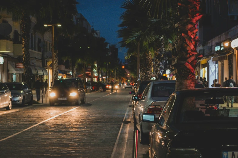 a city street at night with traffic lined up and palm trees lining the sidewalk