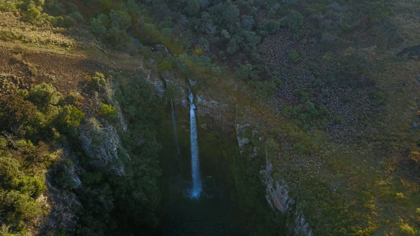 water falls out of a river near some tall trees