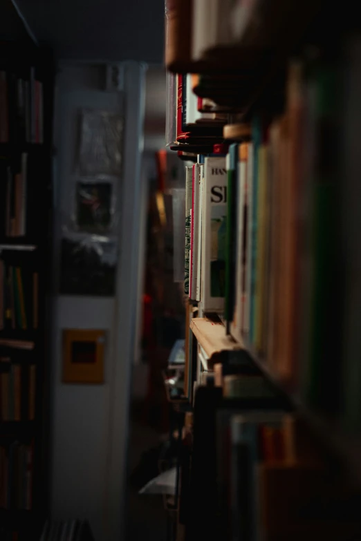 several books on a shelf in a dimly lit room
