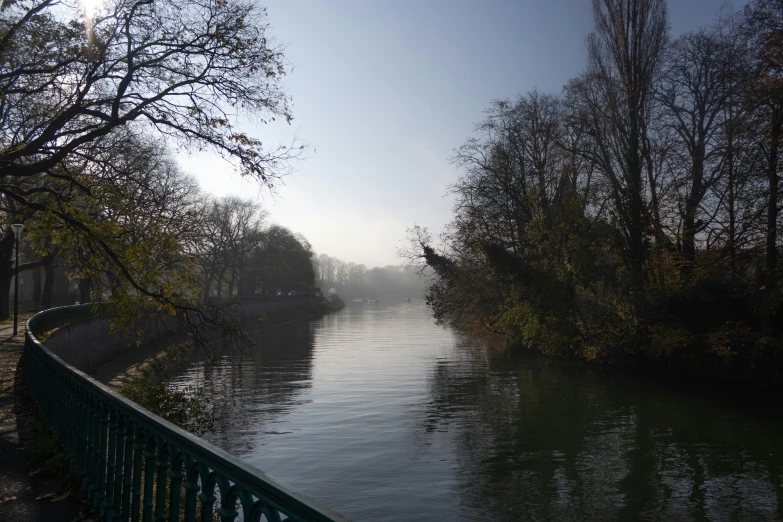 trees are growing on the shore and a blue fence overlooks the river