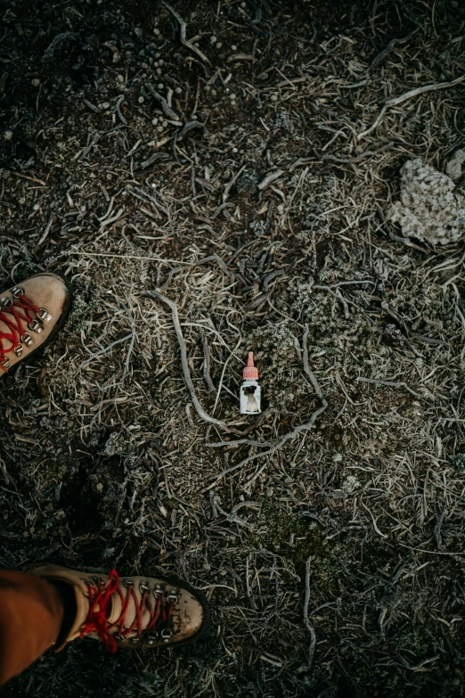 two feet and an electronic device sitting in the dirt