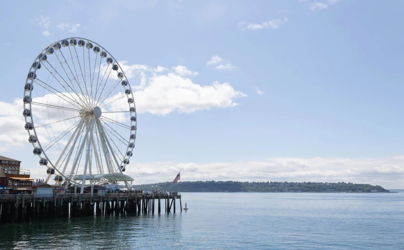 a ferris wheel next to a pier on the ocean