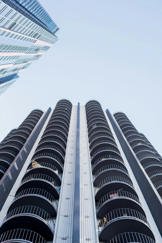 an exterior view of a building looking up