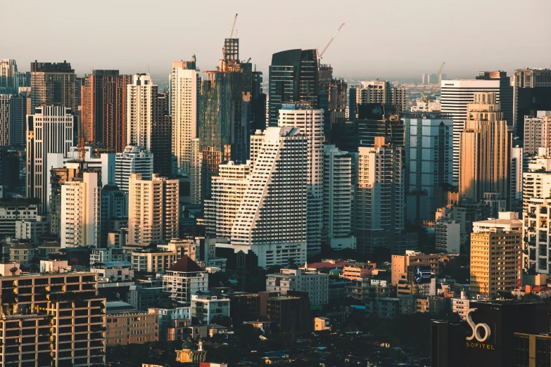 a city skyline with large, skyscrs towering over the city