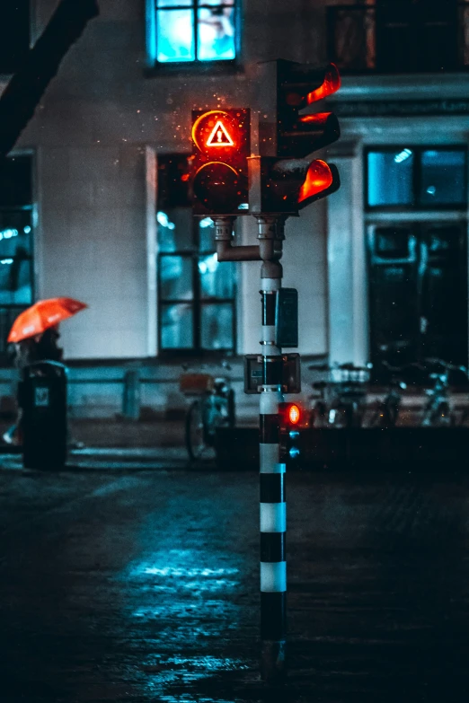 a traffic light with an umbrella on the top