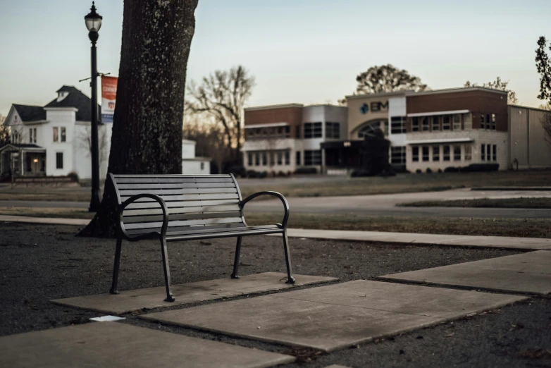 a bench on a street next to trees