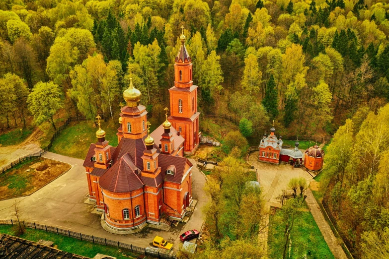 an aerial view of a castle and lots of trees