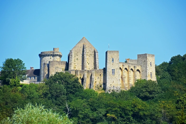 an old castle with towers that is surrounded by trees