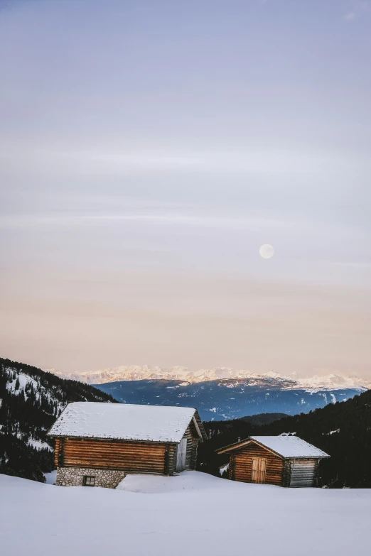 the cabin building is standing in the snow