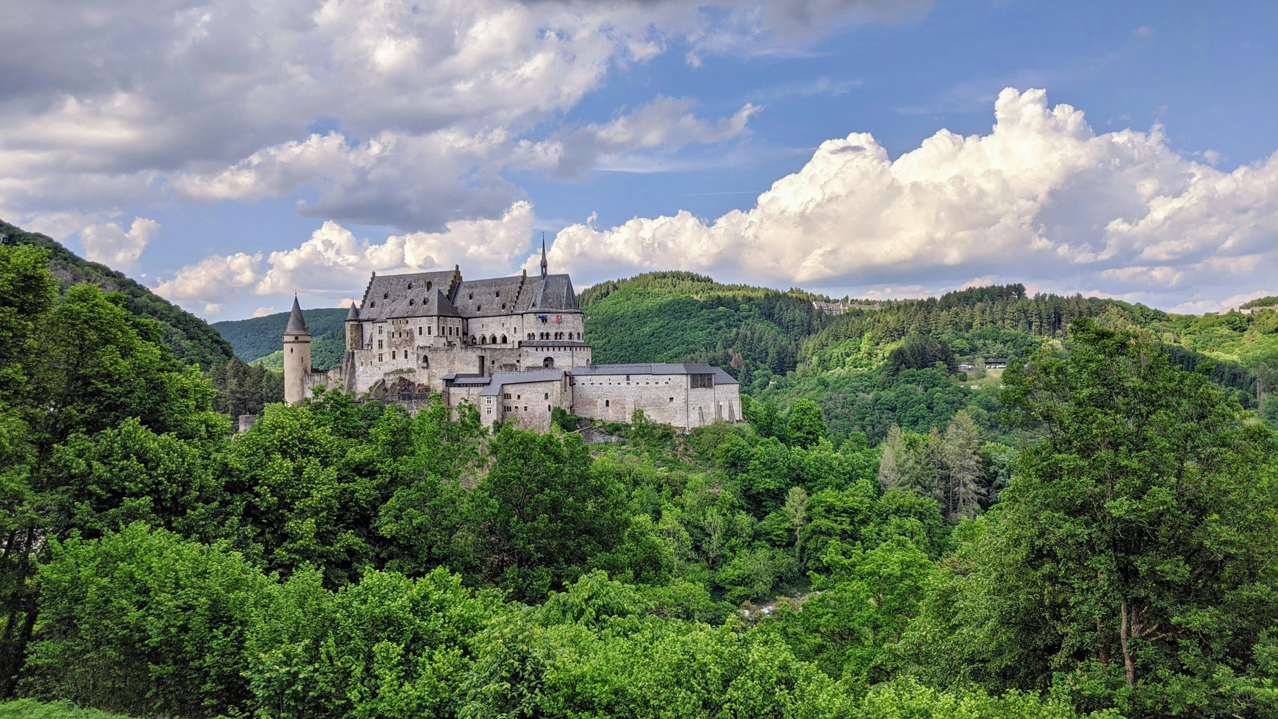 an old castle nestled high in the middle of trees