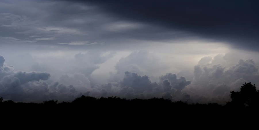 the dark clouds over the trees are striking