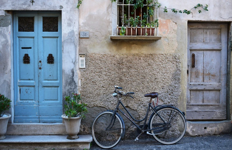 a bicycle is standing in front of a house