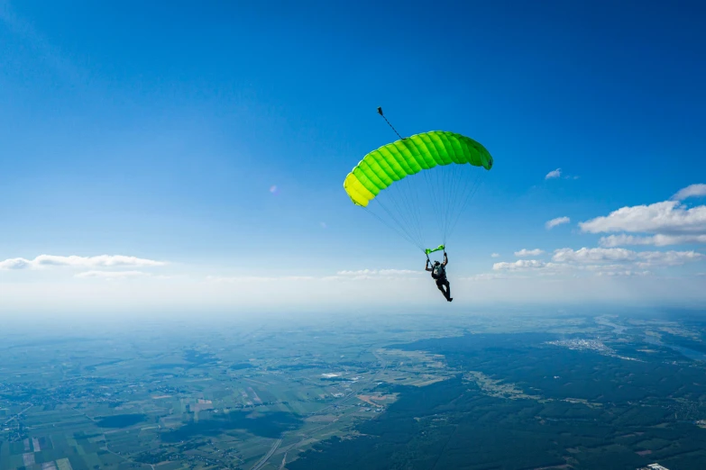 person on parachute above the ground looking down