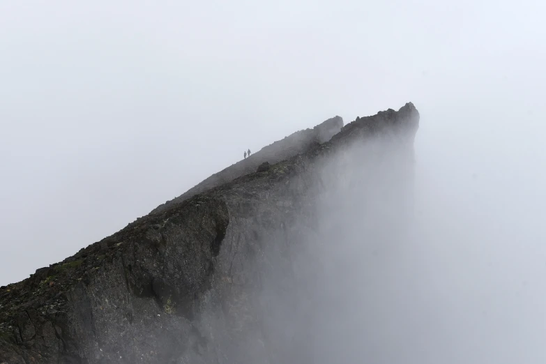 a black horse in the fog near a steep cliff