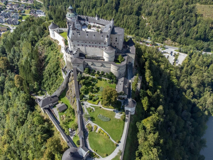 an aerial s shows the castle of the old style and lush green landscape