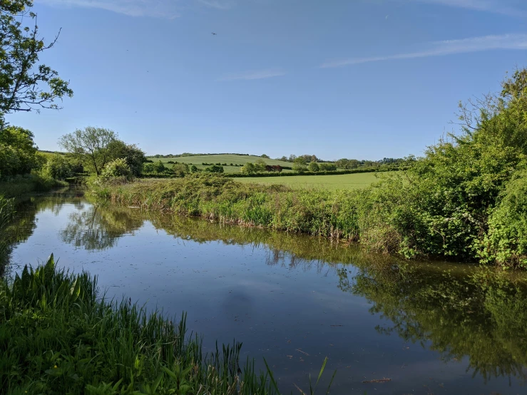 small river in grassy area near green countryside