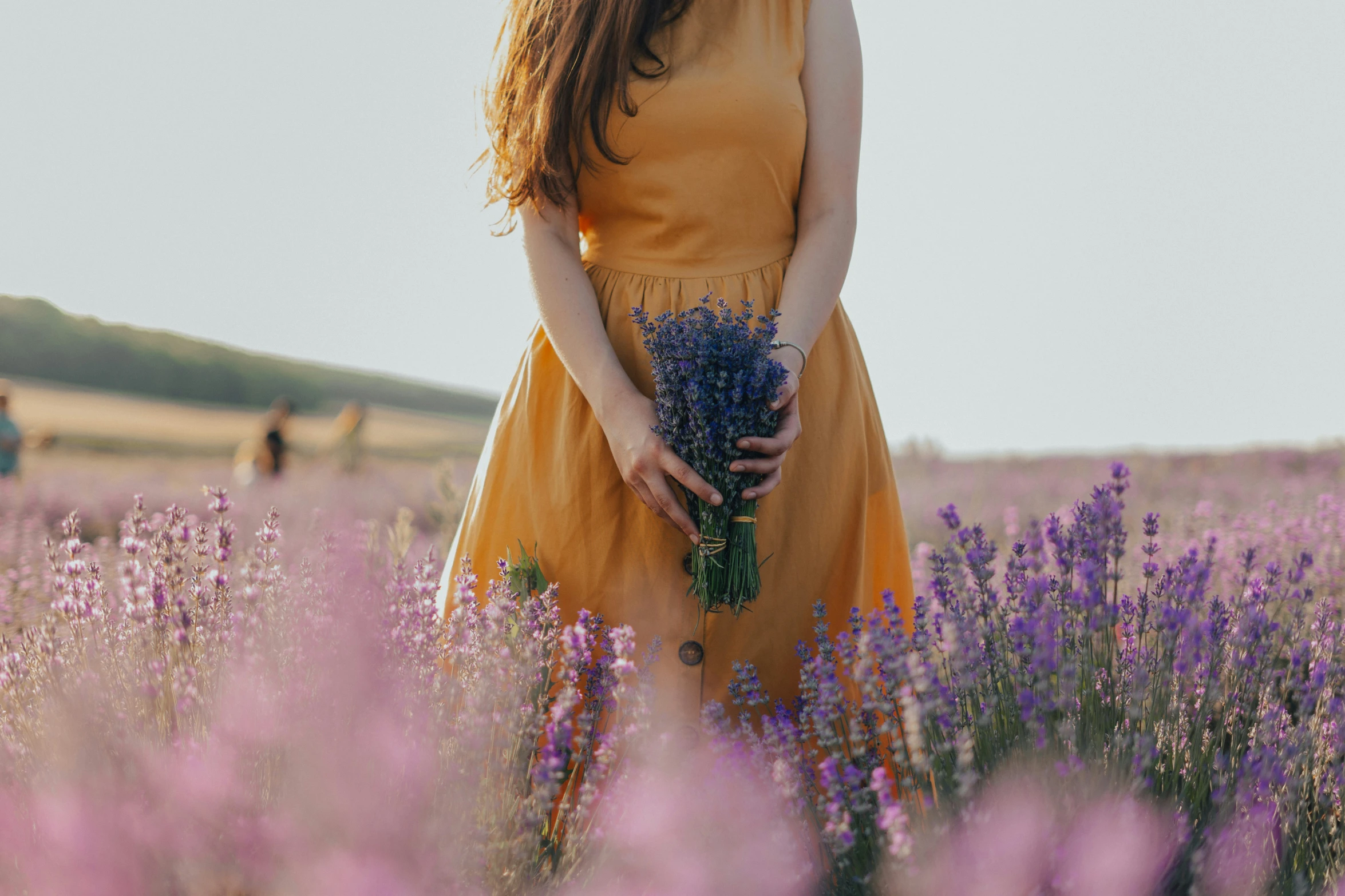 a woman holding flowers in front of a field of lavender