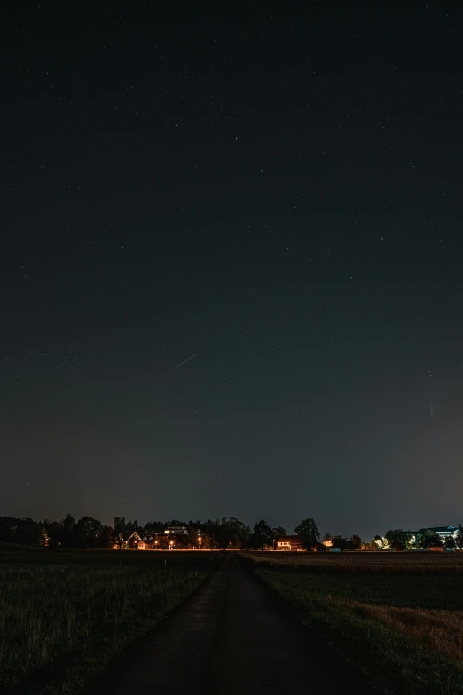 a dark evening shows a grassy field and the city lights on