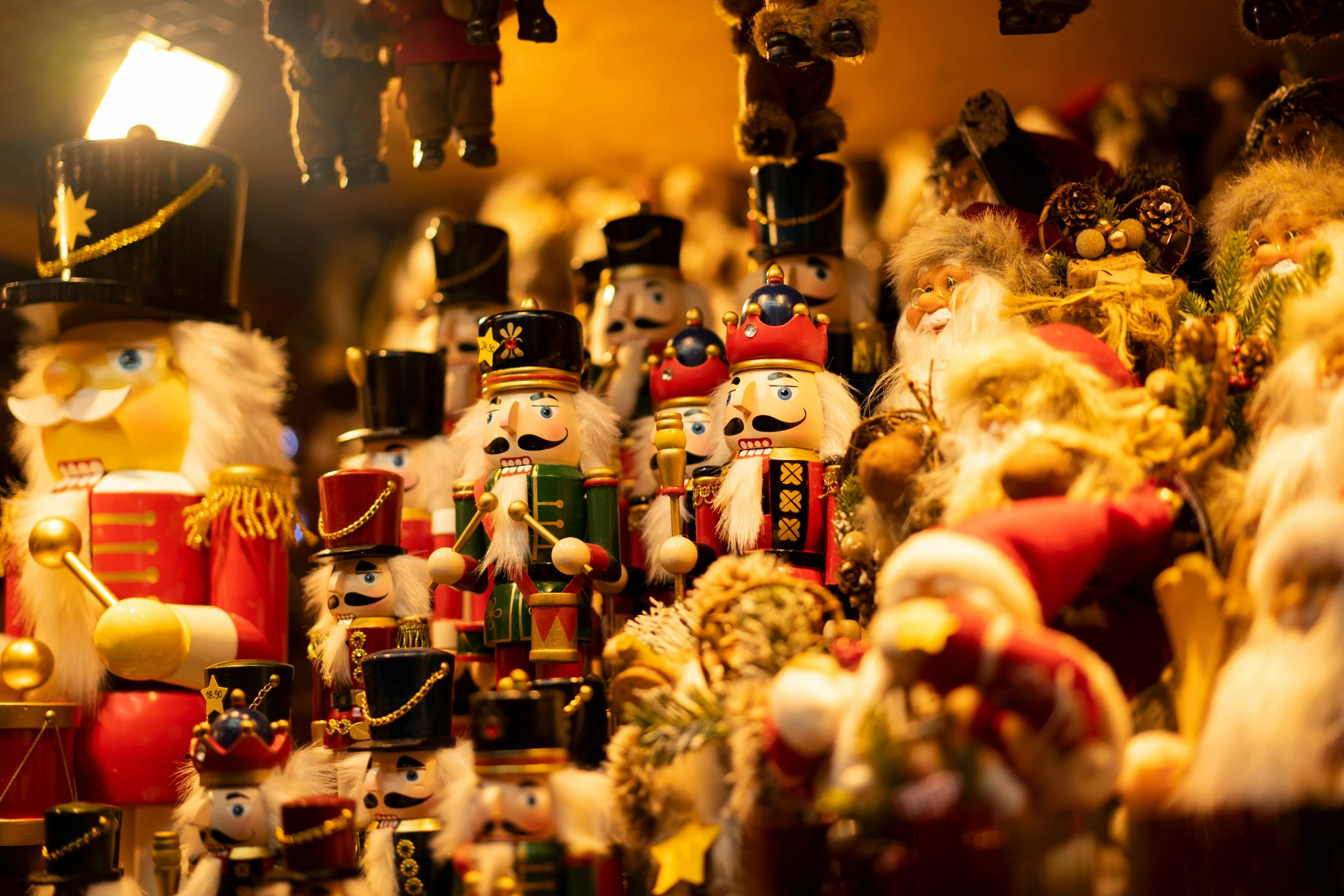 large assortment of christmas decorations, including nuters and other toys